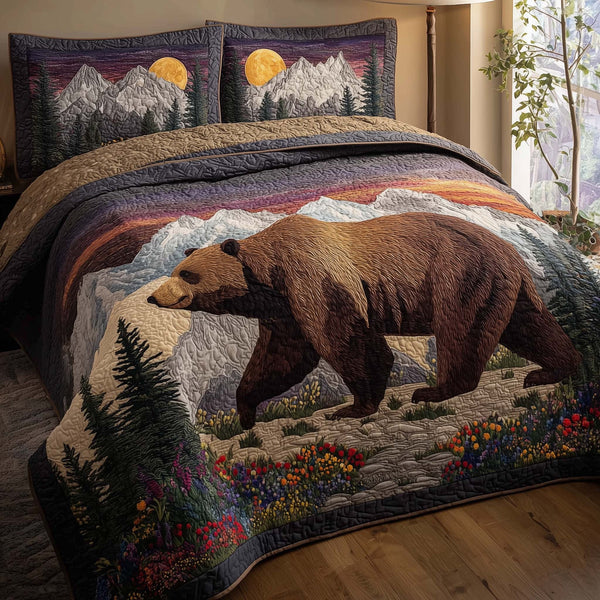 Forest Bear quilted 3-piece bedding set on a made bed with two matching pillow shams