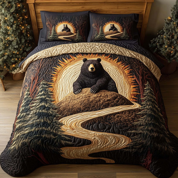 Forest Bear quilted 3-piece bedding set on a made bed with two matching pillow shams