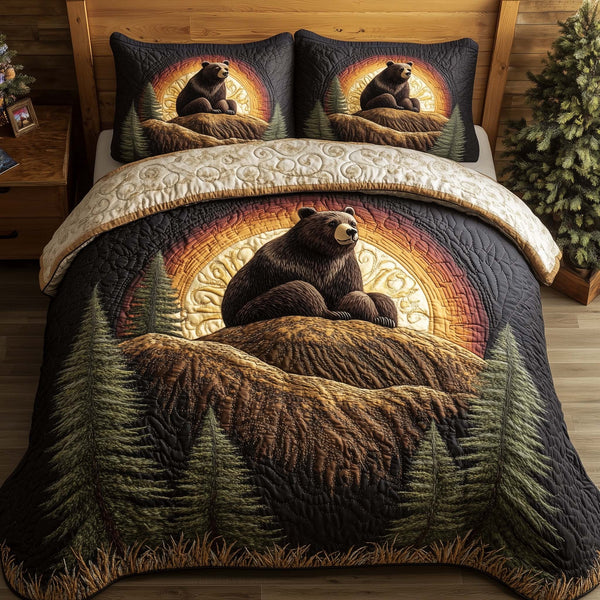 Forest Bear quilted 3-piece bedding set on a made bed with two matching pillow shams