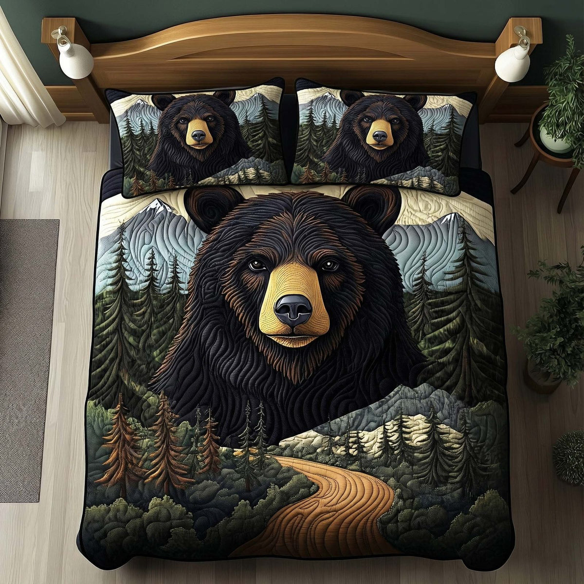 Forest Bear quilted 3-piece bedding set on a made bed with two matching pillow shams