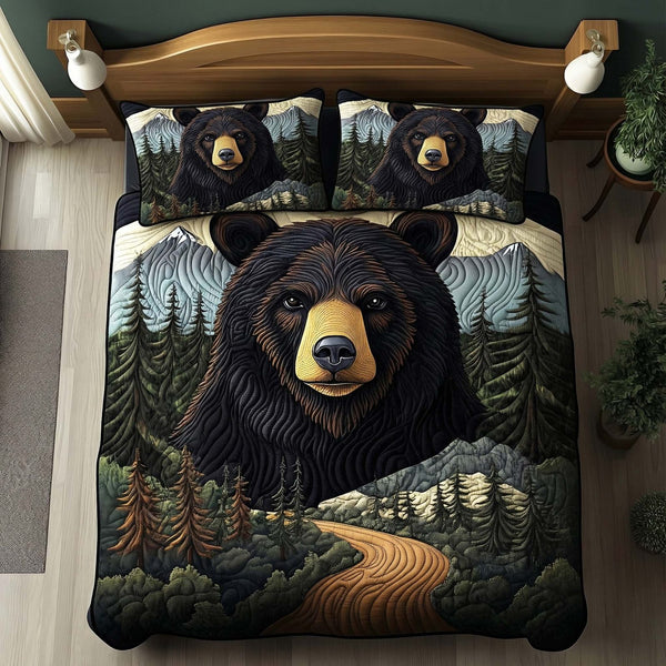 Forest Bear quilted 3-piece bedding set on a made bed with two matching pillow shams