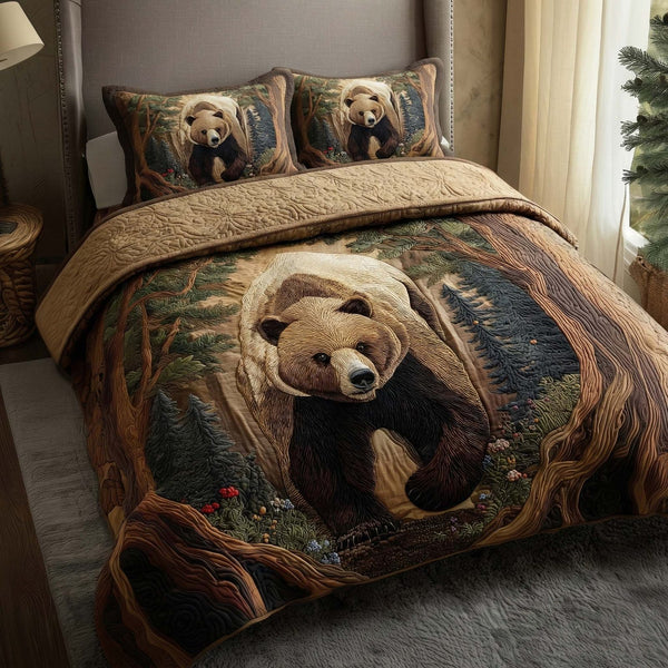 Forest Bear quilted 3-piece bedding set on a made bed with two matching pillow shams