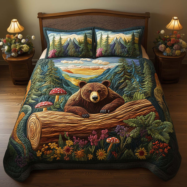 Forest Bear quilted 3-piece bedding set on a made bed with two matching pillow shams