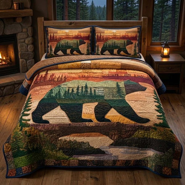 Forest Bear quilted 3-piece bedding set on a made bed with two matching pillow shams
