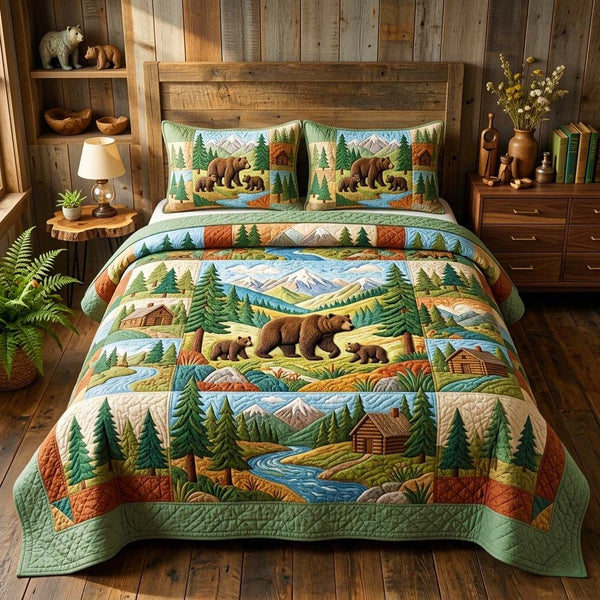 Forest Bear quilted 3-piece bedding set on a made bed with two matching pillow shams