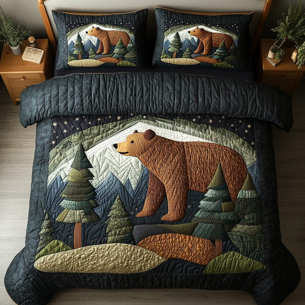 Forest Bear quilted 3-piece bedding set on a made bed with two matching pillow shams