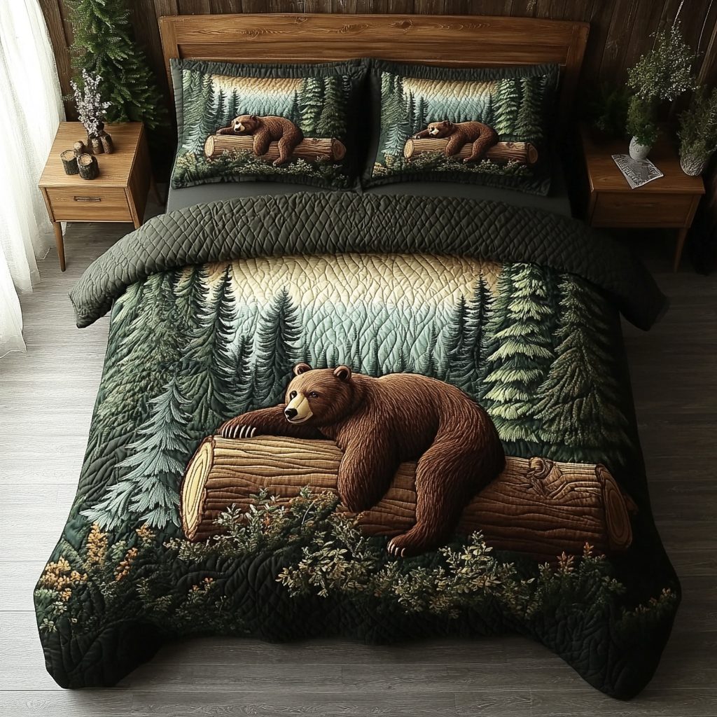 Forest Bear quilted 3-piece bedding set on a made bed with two matching pillow shams
