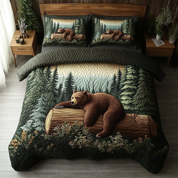 Forest Bear quilted 3-piece bedding set on a made bed with two matching pillow shams