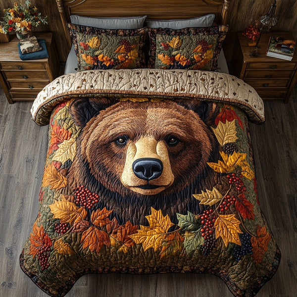 Forest Bear quilted 3-piece bedding set on a made bed with two matching pillow shams