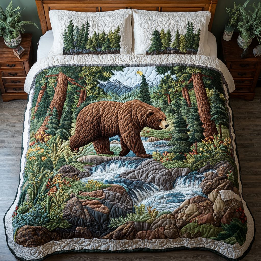 Forest Bear quilted 3-piece bedding set on a made bed with two matching pillow shams