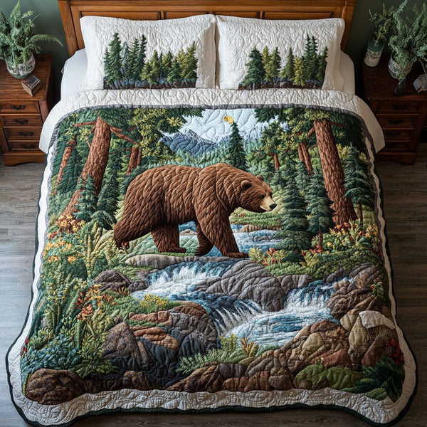 Forest Bear quilted 3-piece bedding set on a made bed with two matching pillow shams