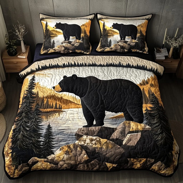 Forest Bear quilted 3-piece bedding set on a made bed with two matching pillow shams