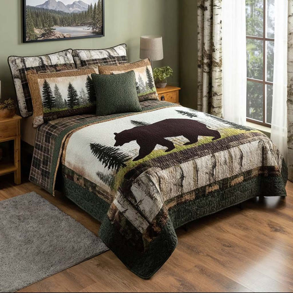 Forest Bear quilted 3-piece bedding set on a made bed with two matching pillow shams