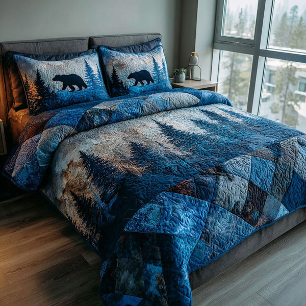 Forest Bear quilted 3-piece bedding set on a made bed with two matching pillow shams