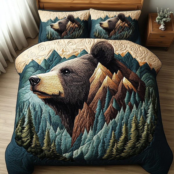 Forest Bear quilted 3-piece bedding set on a made bed with two matching pillow shams