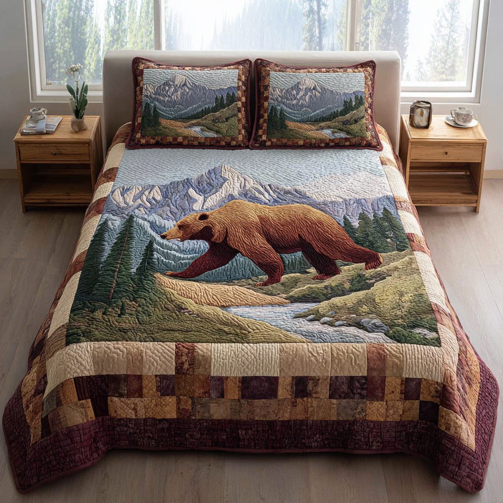 Forest Bear Stroll quilted 3-piece bedding set on a made bed with two matching pillow shams