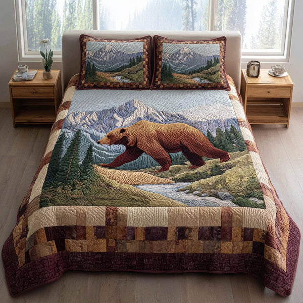 Forest Bear Stroll quilted 3-piece bedding set on a made bed with two matching pillow shams