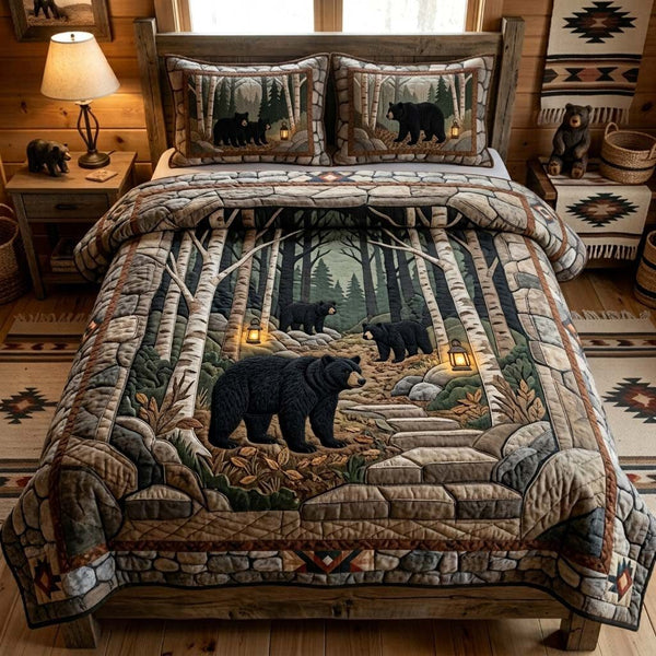 Forest Bear Trail quilted 3-piece bedding set on a made bed with two matching pillow shams