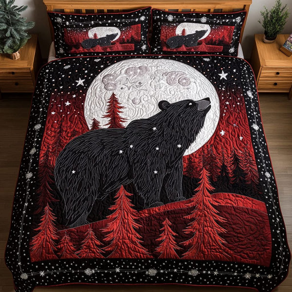Forest Bears quilted 3-piece bedding set on a made bed with two matching pillow shams