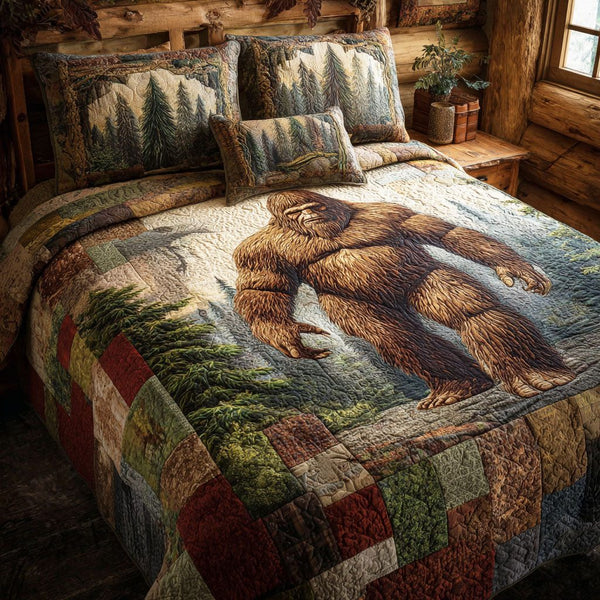 Forest Bigfoot quilted 3-piece bedding set on a made bed with two matching pillow shams