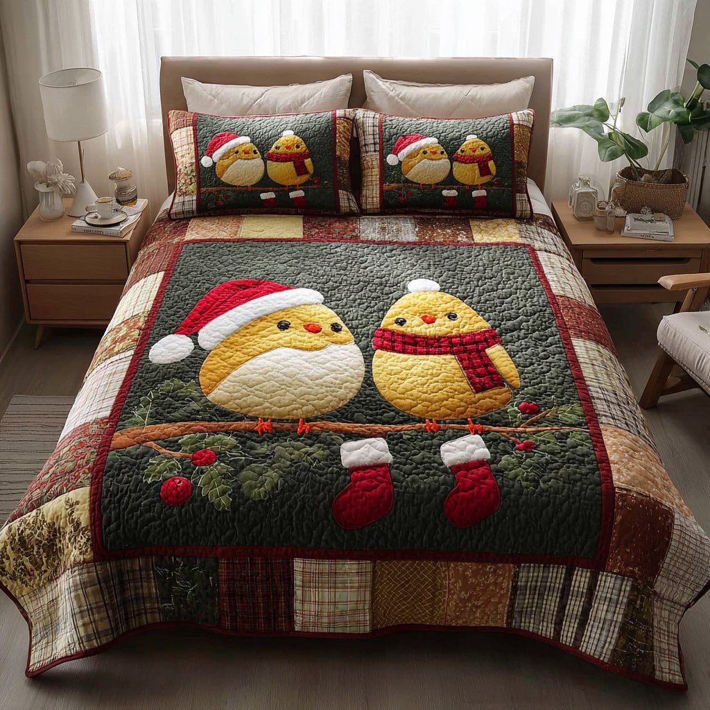 Forest Bird Christmas quilted 3-piece bedding set on a made bed in a winter-styled bedroom