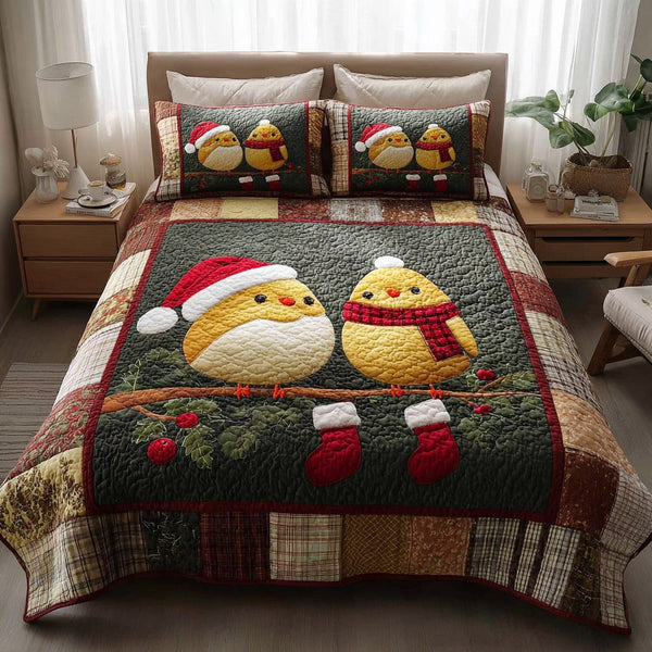 Forest Bird Christmas quilted 3-piece bedding set on a made bed in a winter-styled bedroom