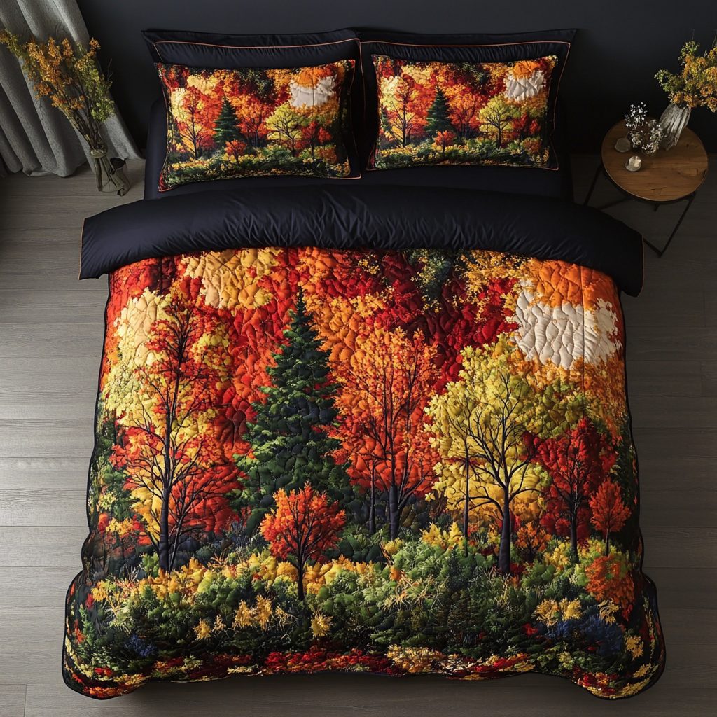 Forest Blaze quilted 3-piece bedding set on a made bed with two matching pillow shams