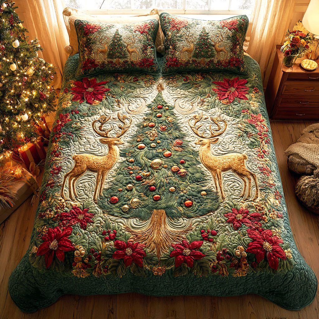 Forest Blessing quilted 3-piece bedding set on a made bed with two matching pillow shams