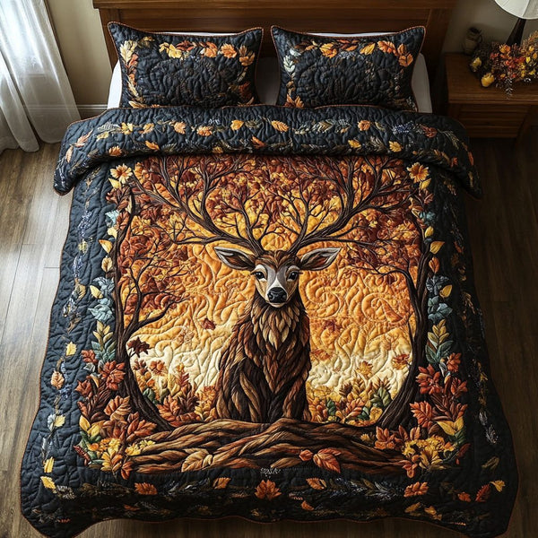Forest Bloom Majesty quilted 3-piece bedding set on a made bed with two matching pillow shams