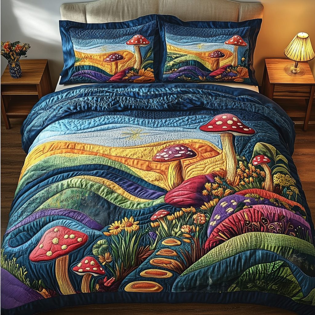 Forest Bloom quilted 3-piece bedding set on a made bed with two matching pillow shams