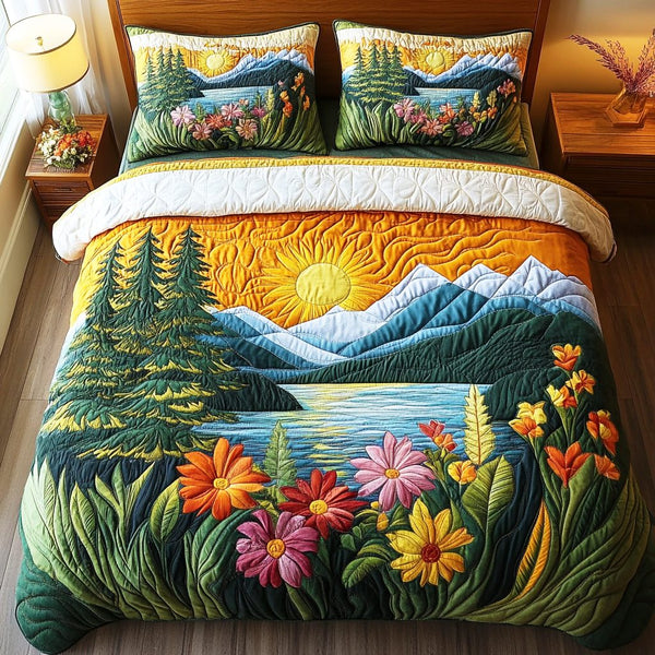 Forest Bloom quilted 3-piece bedding set on a made bed with two matching pillow shams