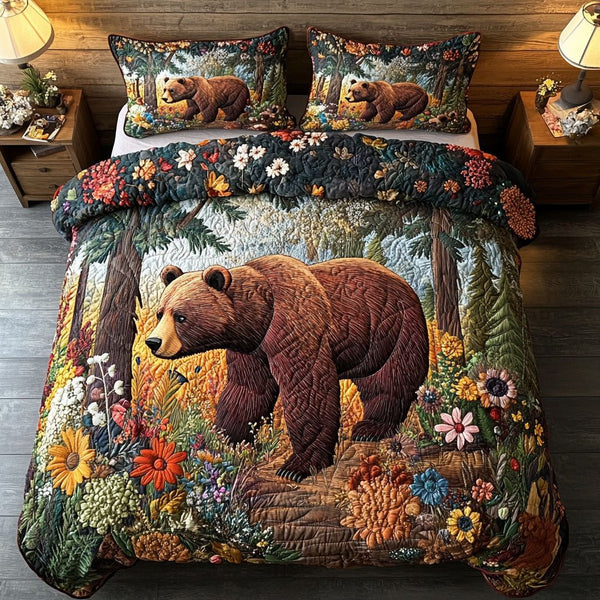 Forest Bloom quilted 3-piece bedding set on a made bed with two matching pillow shams