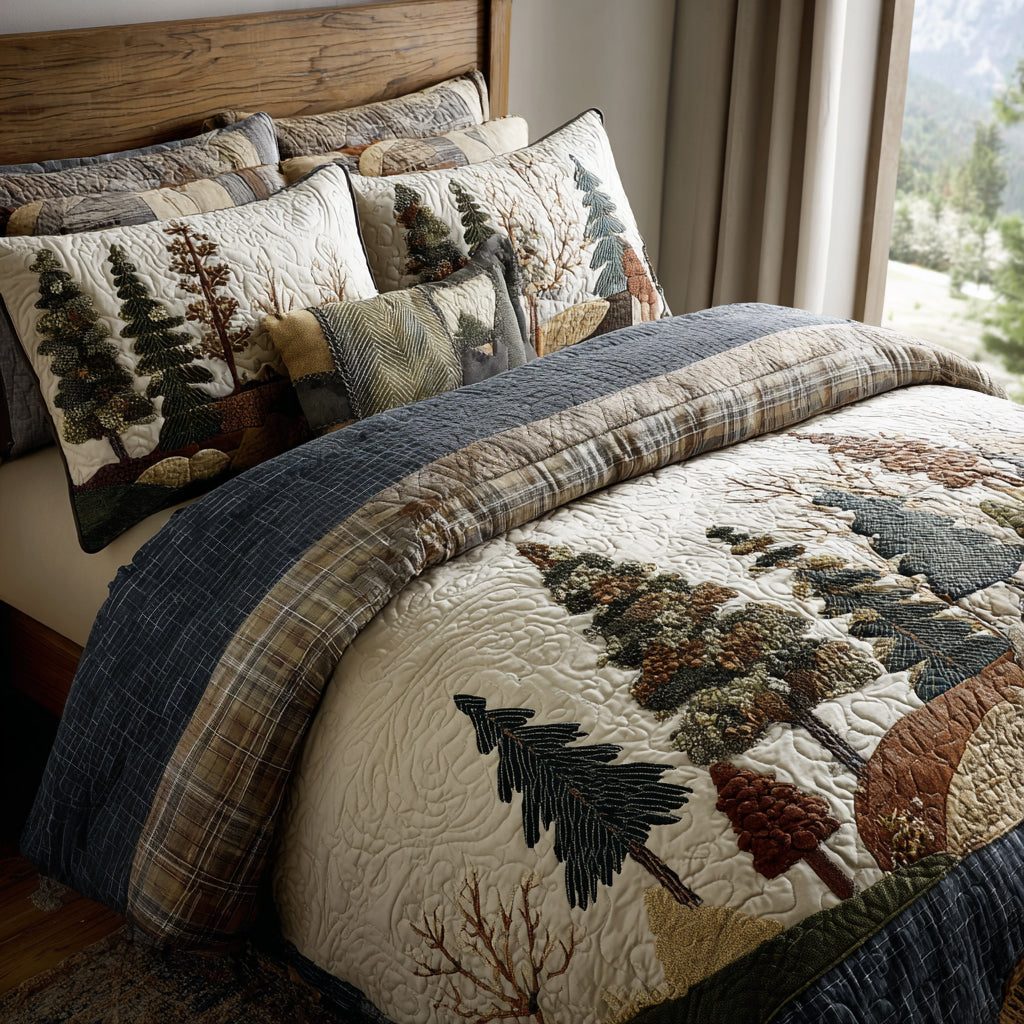 Forest Breeze quilted 3-piece bedding set on a made bed with two matching pillow shams