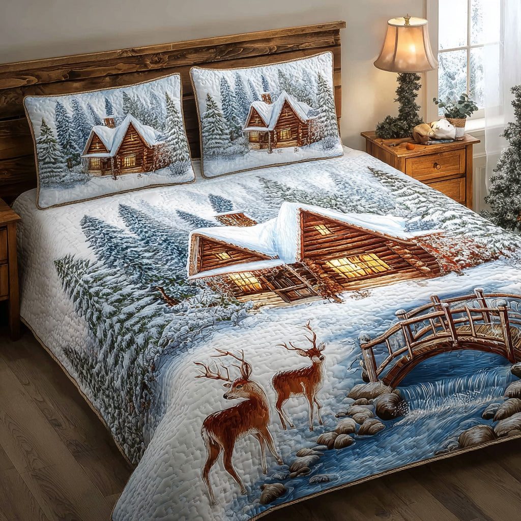 Forest Bridge quilted 3-piece bedding set on a made bed with two matching pillow shams