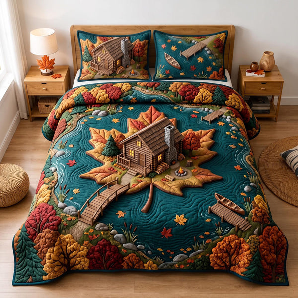 Forest Cabin quilted 3-piece bedding set on a made bed with two matching pillow shams