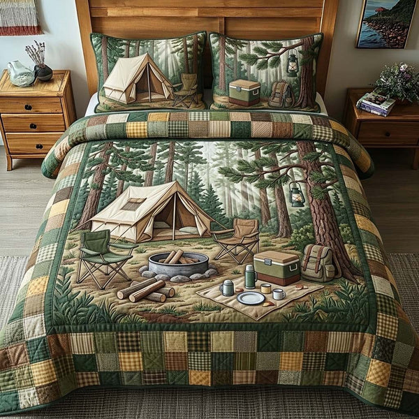 Forest Camp Life quilted 3-piece bedding set on a made bed with two matching pillow shams
