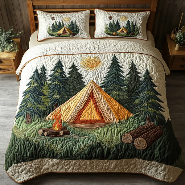 Forest Camp quilted 3-piece bedding set on a made bed with two matching pillow shams