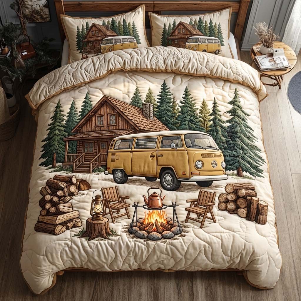 Forest Camper quilted 3-piece bedding set on a made bed with two matching pillow shams