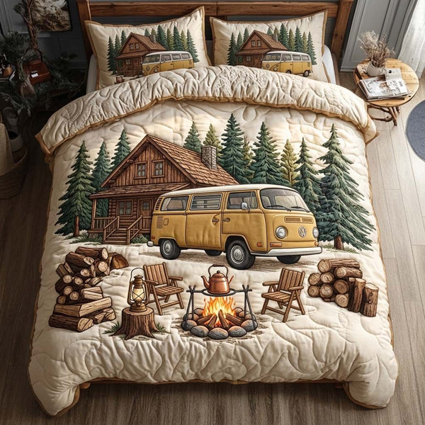 Forest Camper quilted 3-piece bedding set on a made bed with two matching pillow shams