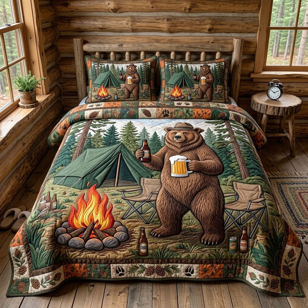 Forest Camper quilted 3-piece bedding set on a made bed with two matching pillow shams