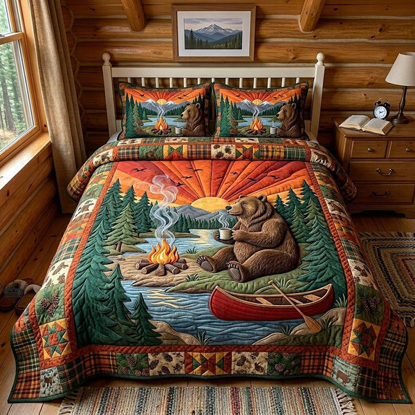 Forest Camper quilted 3-piece bedding set on a made bed with two matching pillow shams