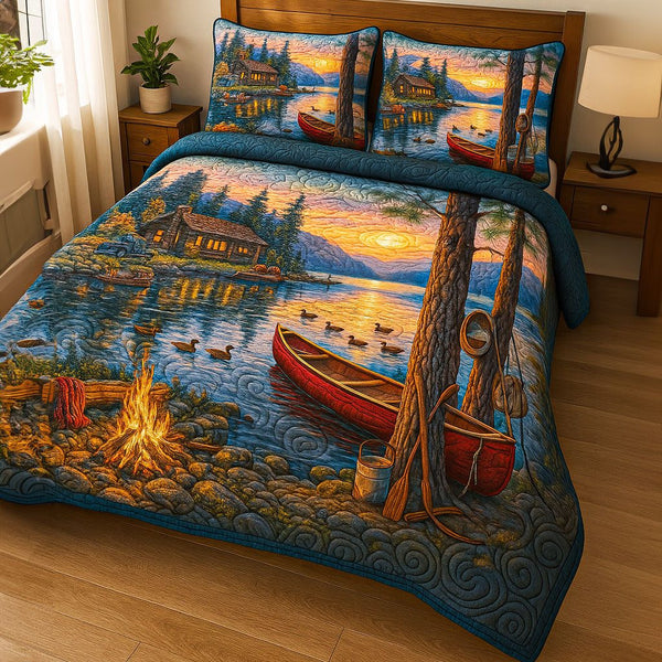 Forest Campfire quilted 3-piece bedding set on a made bed with two matching pillow shams
