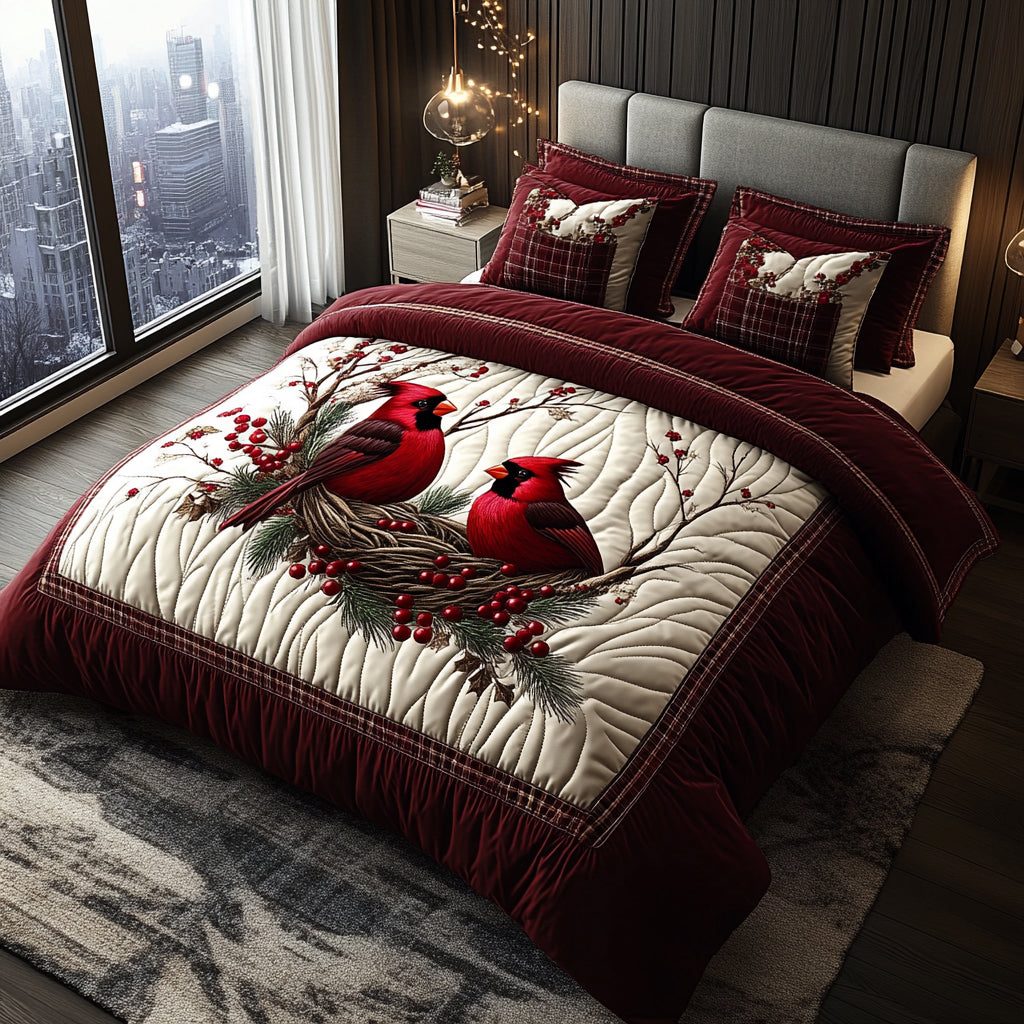 Forest Cardinals quilted 3-piece bedding set on a made bed with two matching pillow shams