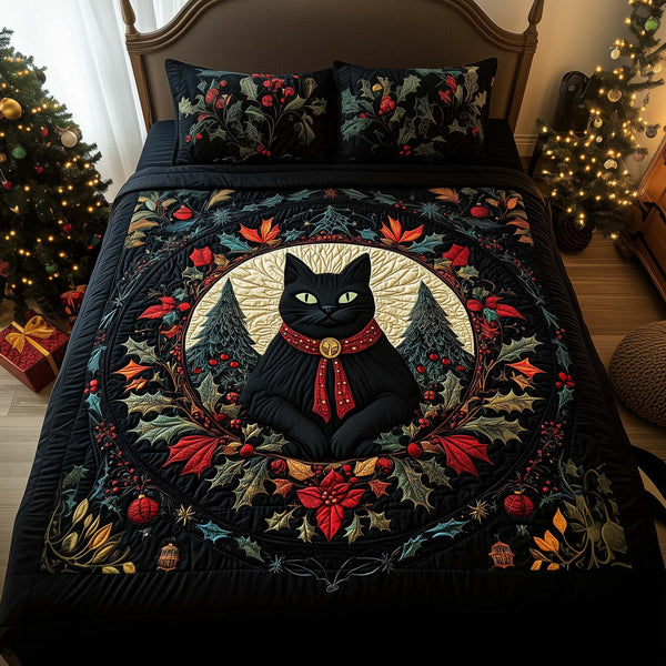 Forest Cat quilted 3-piece bedding set on a made bed with two matching pillow shams