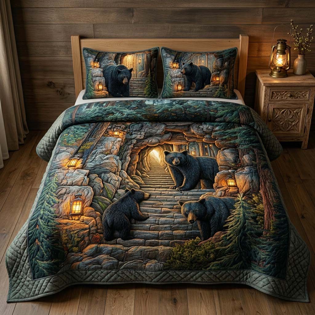 Forest Cave quilted 3-piece bedding set on a made bed with two matching pillow shams