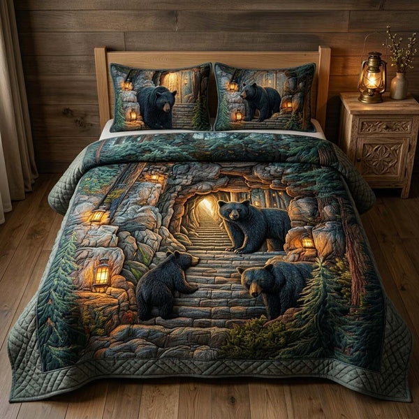 Forest Cave quilted 3-piece bedding set on a made bed with two matching pillow shams
