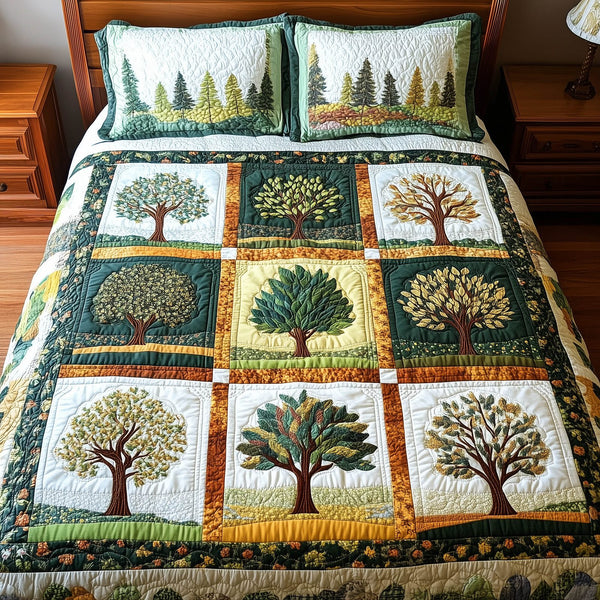 Forest Charm quilted 3-piece bedding set on a made bed with two matching pillow shams
