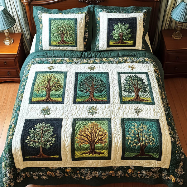 Forest Charm quilted 3-piece bedding set on a made bed with two matching pillow shams
