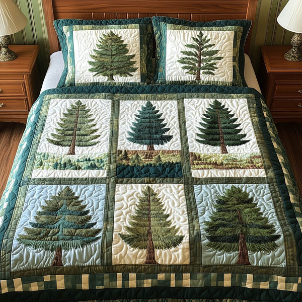Forest Charm quilted 3-piece bedding set on a made bed with two matching pillow shams
