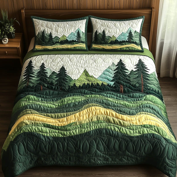 Forest Charm quilted 3-piece bedding set on a made bed with two matching pillow shams